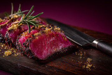 Exquisite seared tuna steak, a culinary masterpiece with rosemary and golden flakes served on a wooden board, ready for an elegant dinner or special occasion
