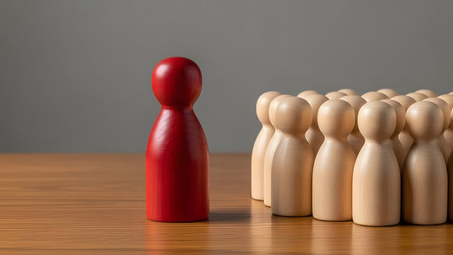 Single red wooden pawn standing out from a group of many beige pawns