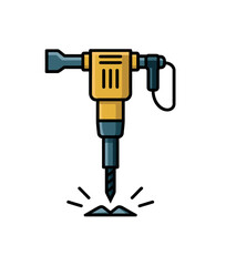 A yellow and blue jackhammer is breaking up concrete with sparks flying.