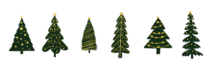 Christmas tree silhouette clipart set. Black Christmas tree drawing clip art collection in white background for xmas season pine tree flat icon decoration vector illustration.