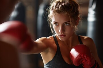 Young sportswoman practices hand punches in a training session at the boxing gym, focused on improving her technique and strength during evening training hours