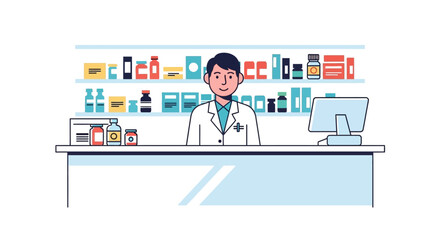 An illustration depicts a pharmacist standing behind a counter in front of shelves stocked with medications