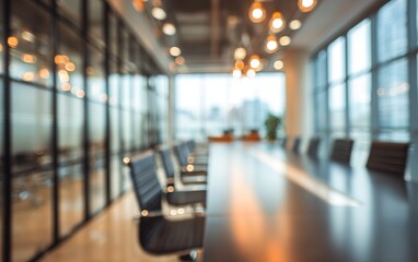 Beautiful blurred background image of a meeting room in a modern office with panoramic windows, business conference room tables with glass windows. High quality. High quality