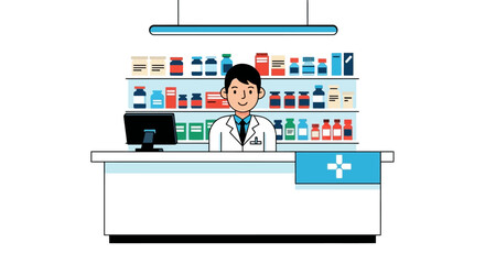 Cartoon pharmacist stands behind pharmacy counter with shelves of medicine behind © rahim