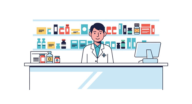 An illustration depicts a pharmacist standing behind a counter in front of shelves stocked with medications