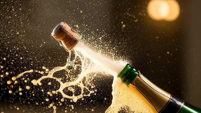 Champagne cork popping with foam and bubbles exploding from the bottle neck, 4k video