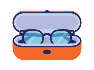 A pair of blue-lensed eyeglasses rests inside an open orange glasses case against a white background.
