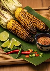 Three grilled corn on the cob ears served on a banana leaf with lime wedges, chili peppers, and a dipping sauce.