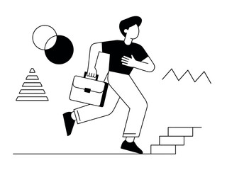 A determined person with a briefcase is running up a set of stairs with abstract shapes in the background.