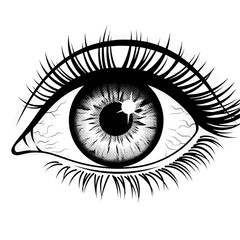 extreme close-up of a female eye rendered in high-contrast pop art style, featuring ben-day halftone dots and thick lashes against a transparent background. concept of dramatic retro surveillance