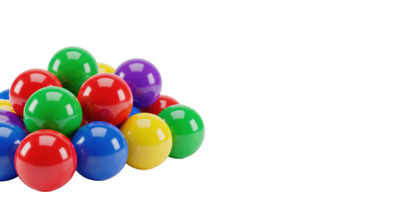 Jumbled pile of shiny, reflective plastic toy balls (red, blue, green, yellow, purple) on a white studio background with soft box lighting and copy space. Concept for entertainment and games
