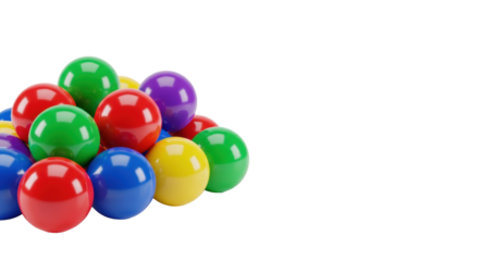 Jumbled pile of shiny, reflective plastic toy balls (red, blue, green, yellow, purple) on a white studio background with soft box lighting and copy space. Concept for entertainment and games