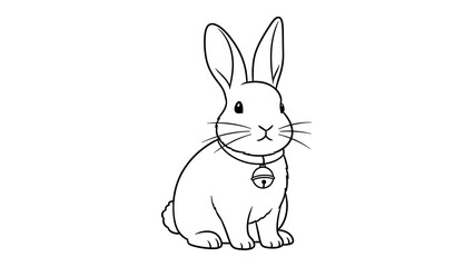 Obraz premium A simple black and white line drawing of a cute rabbit wearing a collar with a bell, isolated on a white background.