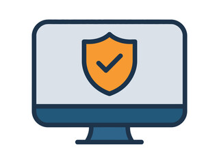 A computer monitor displays an orange shield icon with a checkmark, symbolizing digital security and protection.