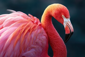 Fototapeta premium Flamingo curving its head and neck into a graceful figure in vibrant pink plumage against a blurred dark background