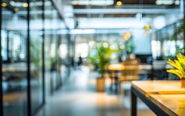 Abstract office interior background. Blurry office space. Modern workspace design. Glass walls, blurred furniture, plants. Natural light, commercial building, business concept, indoor. High quality