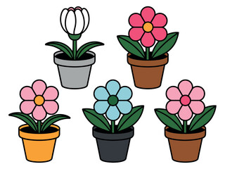 A collection of five potted flowers with colorful petals and green leaves arranged in a pattern.