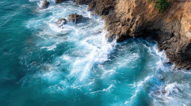 Aerial view of a rocky coastline with waves crashing against the rocks. the water is a beautiful turquoise color and the waves are white and foamy.