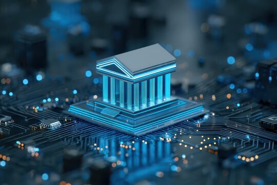 Glowing blue bank structure illuminated on a digital circuit board at night, blending finance and technology in a futuristic setting