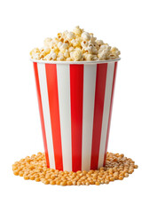 A macro close-up of a classic red and white striped cinema bucket overflowing with fluffy, golden, buttered popcorn kernels on a transparent background. Concept for cinema snack advertising