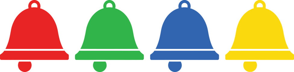 Four colorful bell icons arranged in a row on a white background