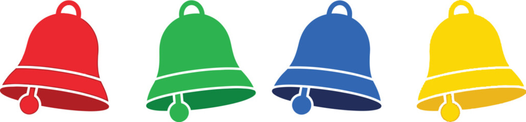 Four colorful bell icons arranged in a row on a white background