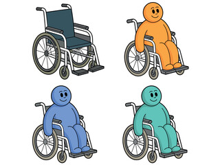 Four cartoon figures, each in a wheelchair, representing different individuals with mobility challenges.