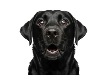Ultra close-up headshot of a majestic black labrador retriever, wide eyes and agape mouth in anthropomorphic shock, high-key studio white background, copy space. Humorous surprise concept