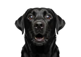 Ultra close-up headshot of a majestic black labrador retriever, wide eyes and agape mouth in anthropomorphic shock, high-key studio white background, copy space. Humorous surprise concept