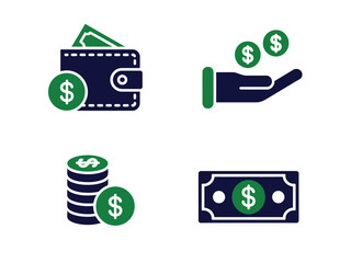 A set of four finance-related icons representing a wallet, receiving money, stacked coins, and a banknote, all in a dark blue and green color scheme.