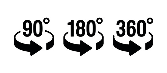 Three rotation icons depicting 90 degrees, 180 degrees, and 360 degrees with arrows on a white background.