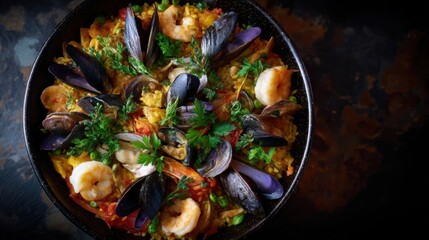 Close-up of a large black bowl filled with a colorful seafood dish. the dish appears to be a paella, a type of spanish dish made with rice, shrimp, mussels, clams, and other seafood.