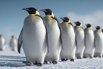 Obraz premium Emperor penguins march across the icy landscape in a stunning display of unity and grace under the bright sky, showcasing their magnificent plumage and adaptability to the harsh Antarctic environment