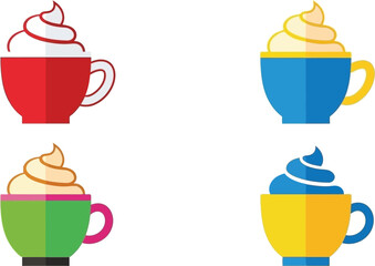 Four colorful illustrated coffee cups with whipped cream toppings