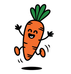 A cheerful, anthropomorphic carrot character is joyfully jumping and celebrating with its arms raised in a cartoonish illustration.