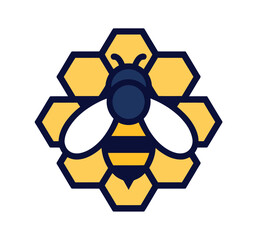 A stylized illustration of a bee resting on a hexagonal honeycomb structure, symbolizing nature and industry.