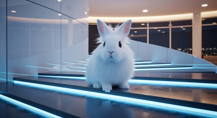 White Fluffy Bunny on Futuristic Neon Stairs at Night