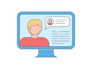 A computer screen displays a profile with a user's avatar and a chat bubble, representing online communication and digital identity.