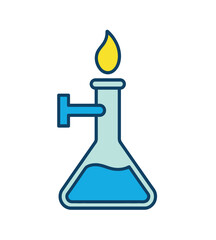 A laboratory flask with blue liquid is heated by a flame from a Bunsen burner, symbolizing scientific experimentation.