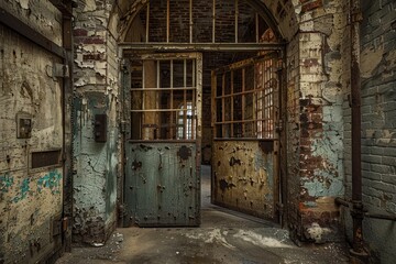 Rusted open gate leads into decaying prison cell block with peeling paint and grunge interior