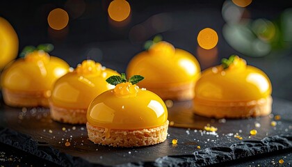 A close-up view of glossy yellow mango mousse tarts garnished with mint leaves on a dark slate surface with bokeh lighting.