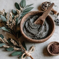 A top down view of a rustic copper bowl filled with a thick gray charcoal face mask mixture, accented by a wooden spoon and surrounding botanical elements on a textured gray backdrop.