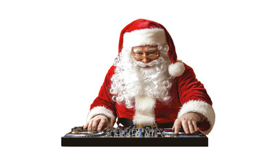 Obraz premium Santa Claus dj mixing music on turntable in festive holiday setting isolated on transparent background