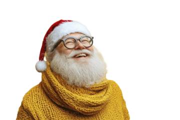 Cheerful elderly man in Santa hat and yellow sweater embracing holiday spirit isolated on transparent background