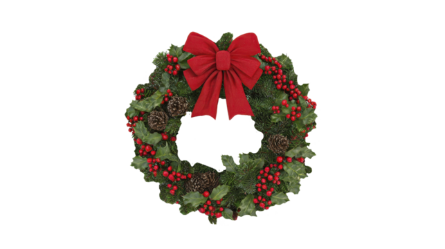 Festive holiday wreath with red bow and pine cones isolated on transparent background