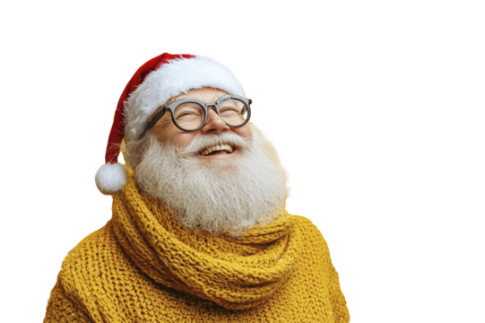 Cheerful elderly man in Santa hat and yellow sweater embracing holiday spirit isolated on transparent background - Powered by Adobe