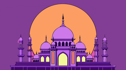 Fototapeta premium Illustration of a purple mosque against orange sun