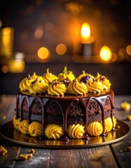 Decadent chocolate cake with rich yellow frosting and glossy ganache drips.