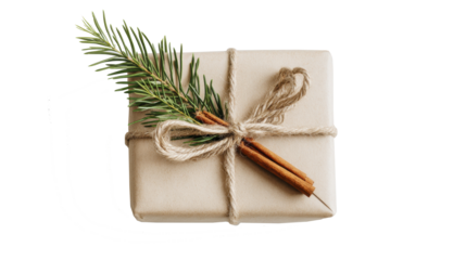 Eco-friendly gift box with cinnamon sticks and pine sprig for holiday celebrations isolated on transparent background