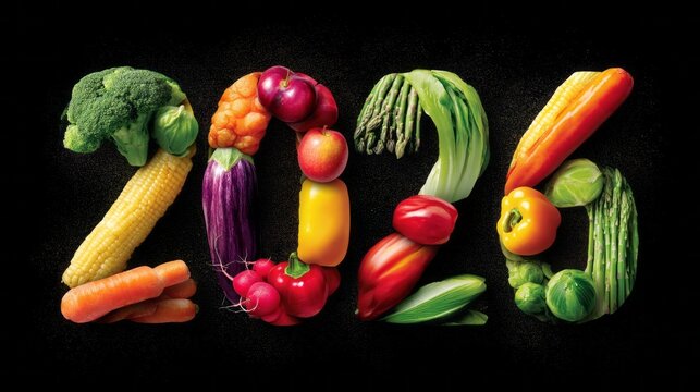 Brightly colored vegetables shape the number 2026, symbolizing a vibrant celebration of healthy eating. This arrangement showcases a variety of fresh produce against a dark background
